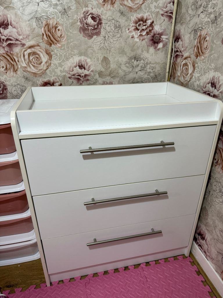 White Wooden Baby Changing Table with 3 Drawers