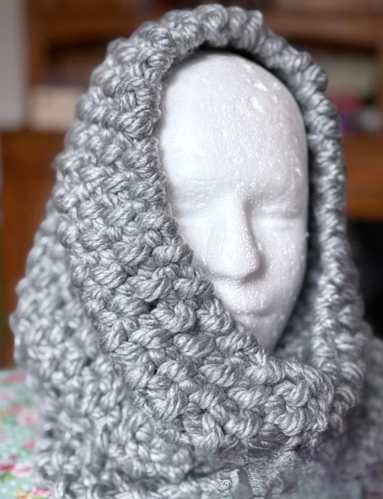 Hand Knitted Chunky Grey Soft Wool Adult Cowl Decorative Handmade with Love Button Gift Wrapped