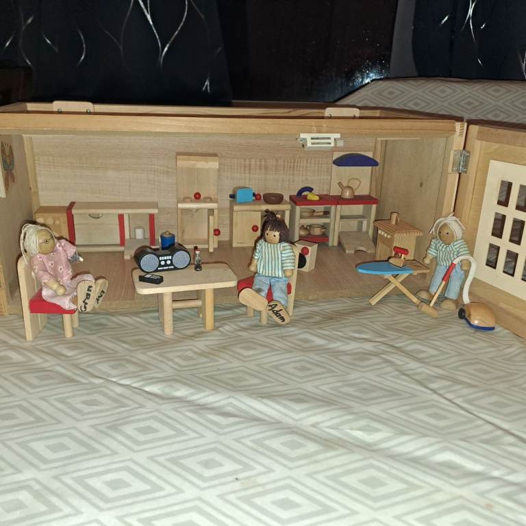 Ladybird wooden dollhouse, garage + car.