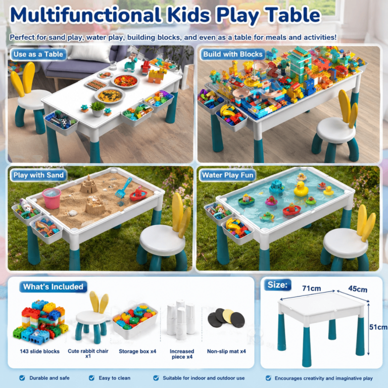 4-in-1 Kids Activity Table & Chair Set – Sand, Water, Building Blocks & Dining Table