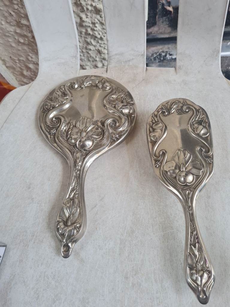 Vintage Silver-Plated Dressing Table Mirror and Brush Set