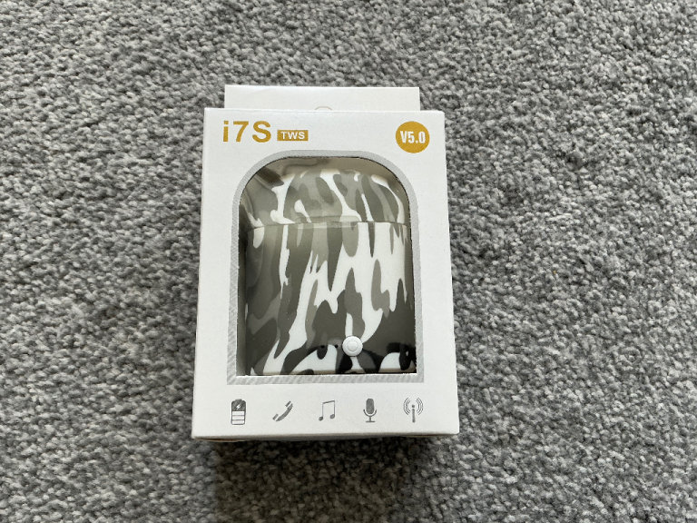 i7s-TWS Black Grey Patterned Wireless Earphones Earbuds + Charging Case & USB Charging Cable