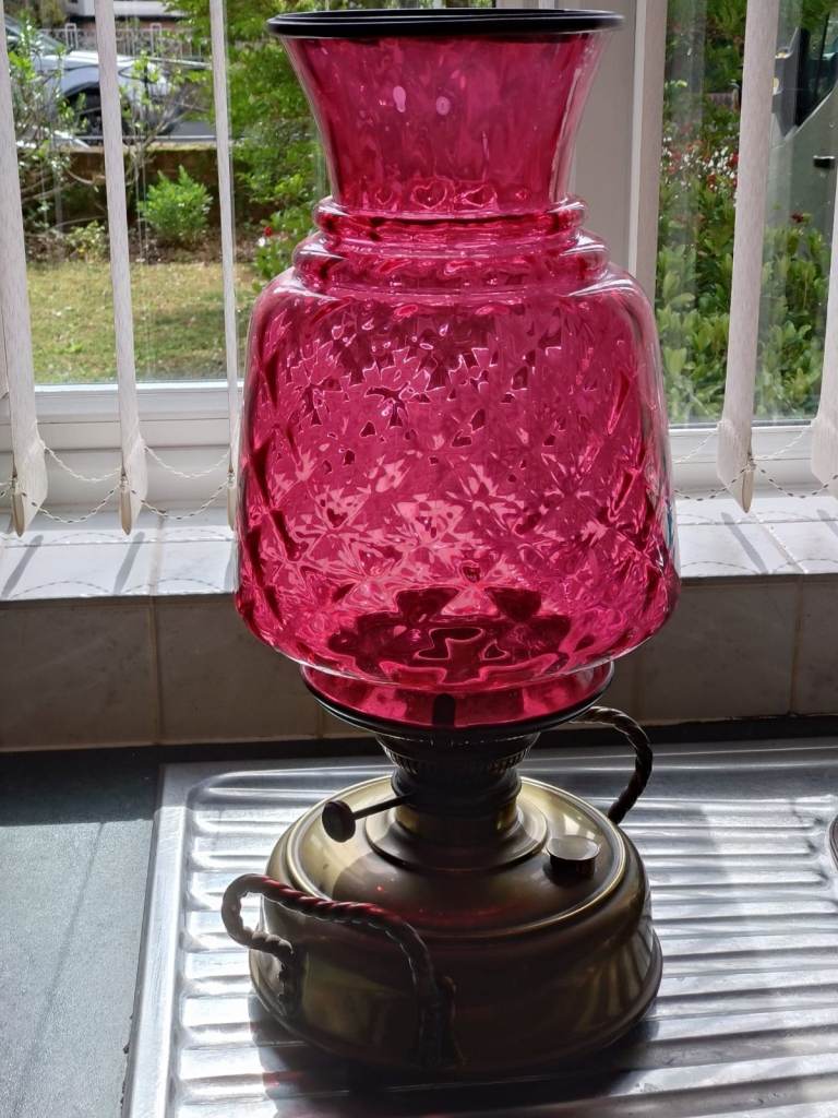 Antique Victorian Oil Kerosene Heater Lamp with Large Cranberry Glass Shade