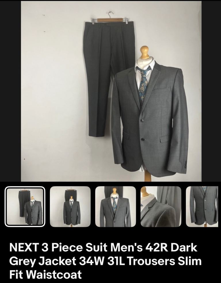 Next Men’s Grey Suit 42R 34W