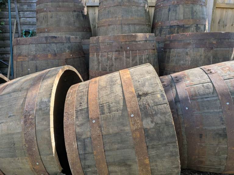 Solid Oak Half Ex-Whisky Barrel Tub Planters. Rings Pinned for Longevity