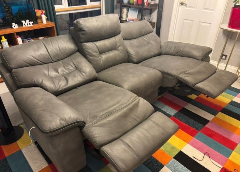 Grey Leather Recliner Sofa - 3 Seater, Fair Condition