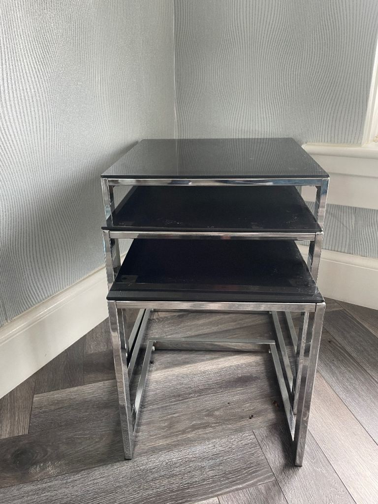 Black Glass and Chrome Nest of Tables – Good Condition