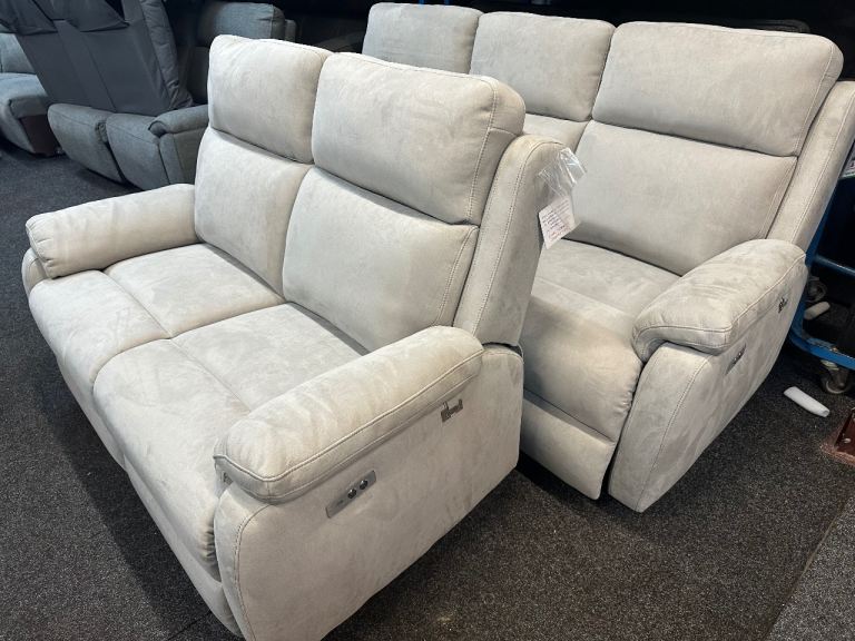 NEW EX DISPLAY ITALIAN DESIGNER GREY SUEDE 3 + 2 SEATER ELECTRIC RECLINER SOFAS UPTO 65% OFF RRP