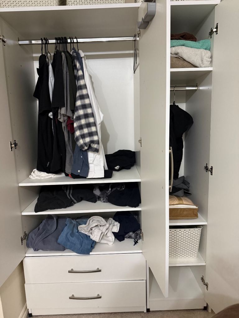 White Wardrobe with Shelves and Drawers – Good Condition