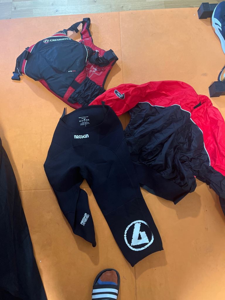 Kayak canoe life jacket, wetsuit leggings and yak