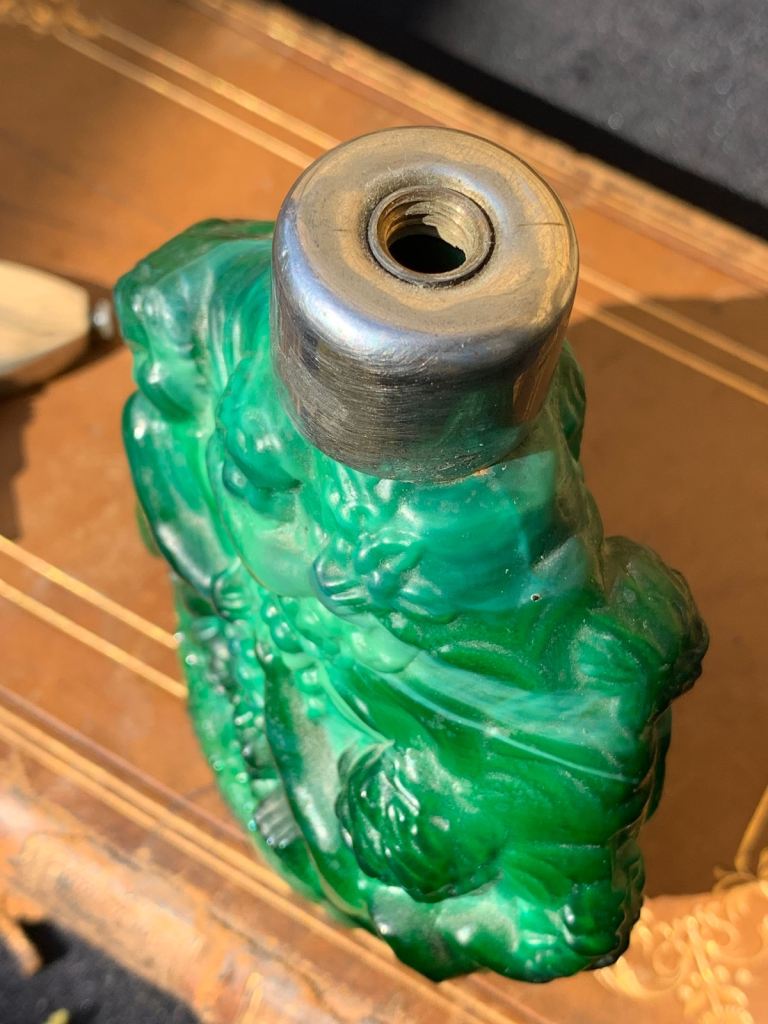 Rare Antique Art Deco Malachite Glass Putti Perfume Scent Bottle