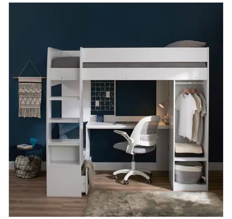 High Sleeper kids single bed with desk and wardrobe