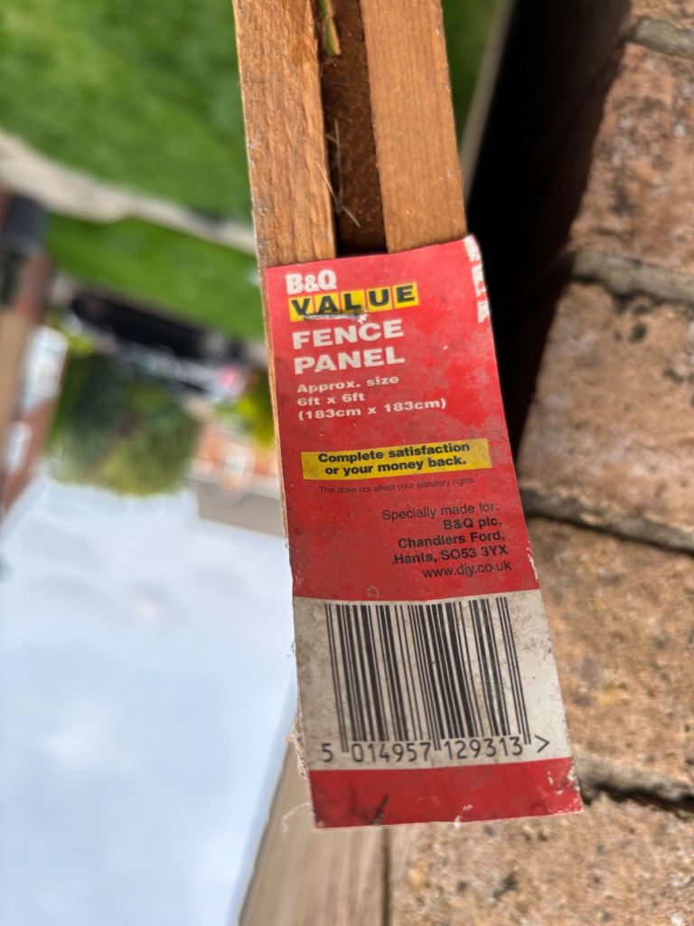 B&Q Wooden Fence Panel. New 6x6