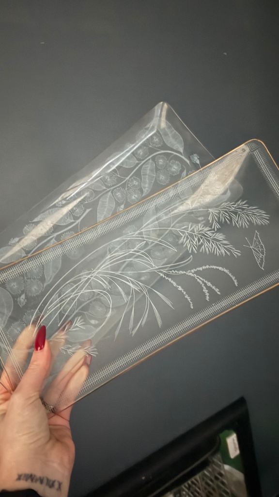 Pair Etched Glass Serving Platter / Tray (Floral & Wheat Design)