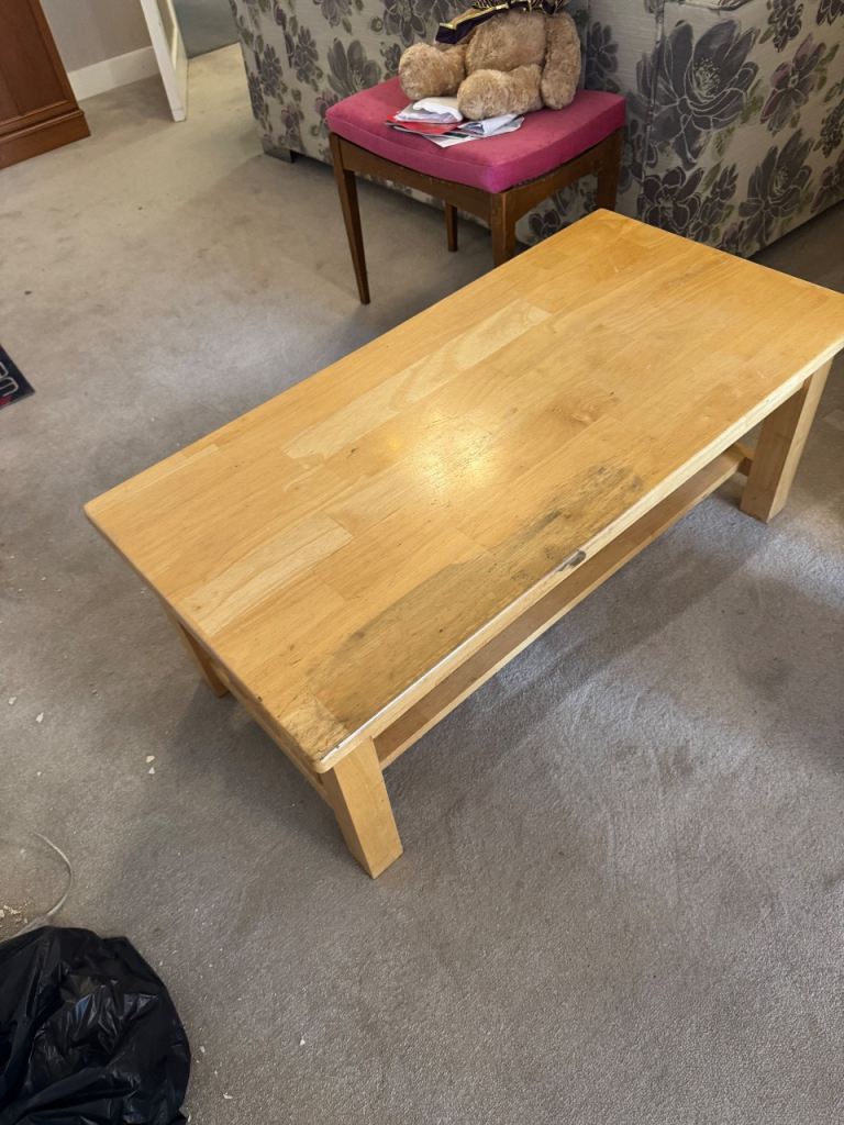 Solid Wood Coffee Table with Shelf – Good Condition