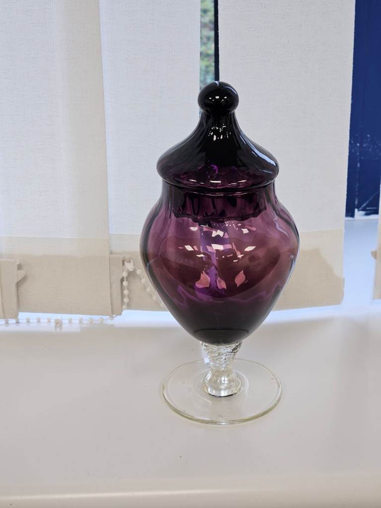 Amethyst Purple Glass Lidded Urn Twisted Clear Stem Base