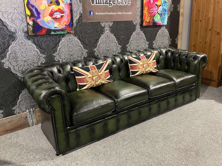 Refurbished Chesterfield 4 Seater Sofa in Antique Green Leather - Delivery