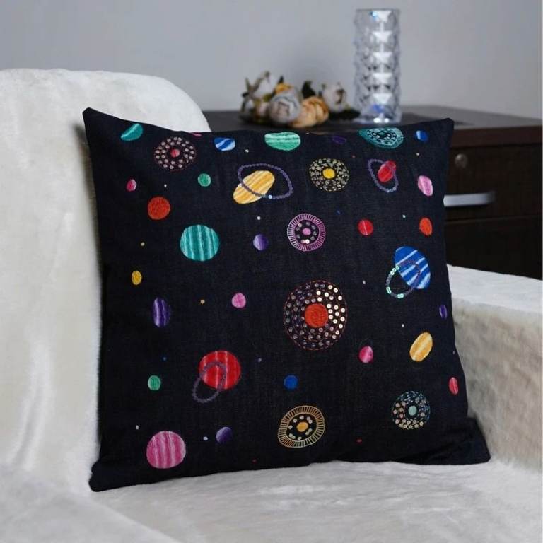 Pair of Decorative Black Cushions with Embroidered Designs