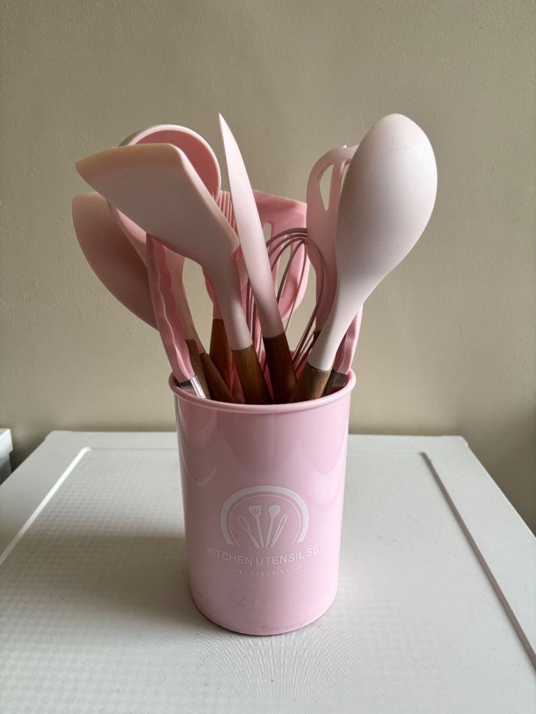 Pink Kitchen Utensils Set with Holder & Matching Knife Block