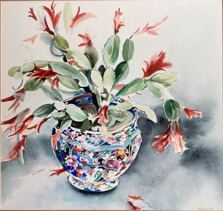 **O.N.O** Original painting depicting a flowering cactus in a blue and white planter