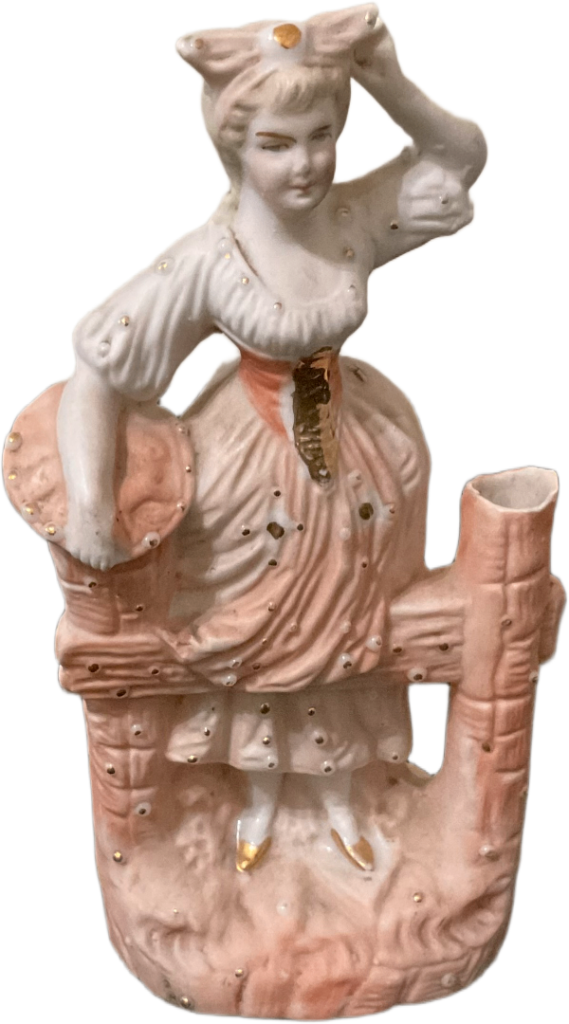 Vintage Victorian Bisque Porcelain Figurine Woman by Fence Bud Vase Gold Gilt