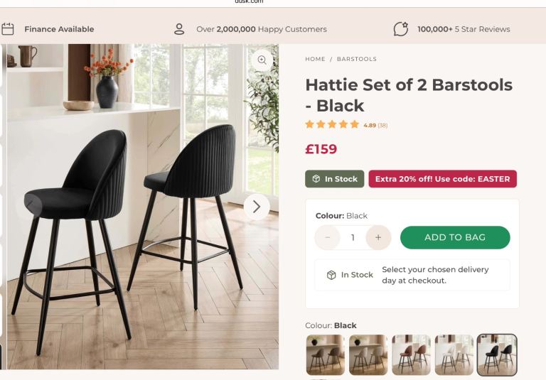 £94 (2) X BRAND NEW DUSK. COM HATTIE BLACK VELVET TALL FIXED LEG BARSTOOLS BAR STOOLS