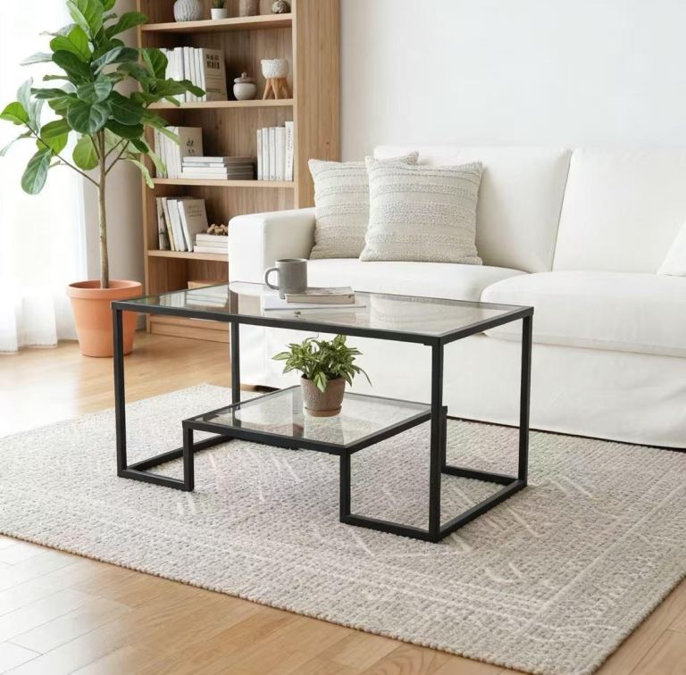 Alivio 2-Tier Modern Industrial Coffee Table with Metal Frame & Wooden Top – Dual