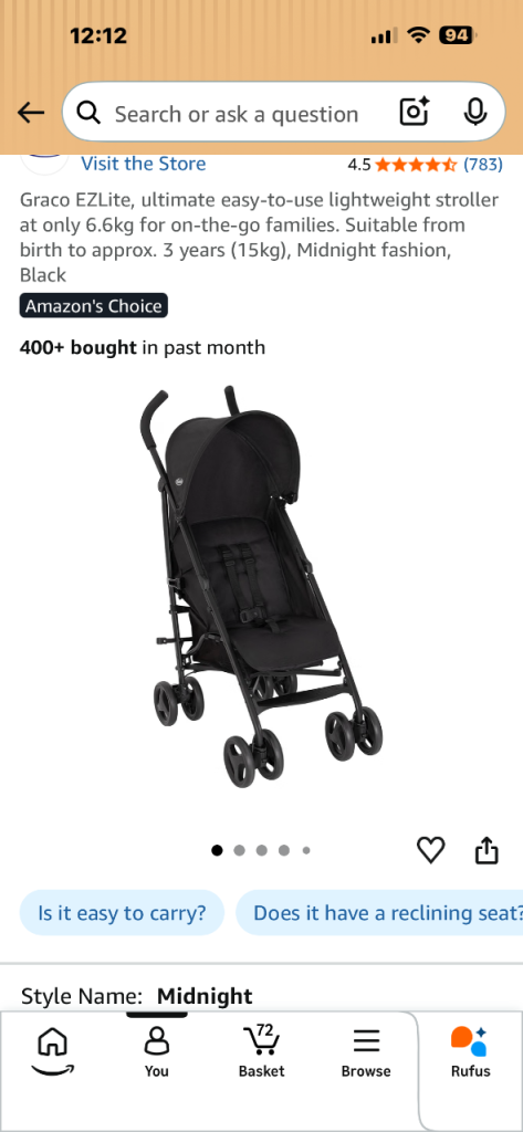 Graco EZLite Lightweight Stroller – Black, New