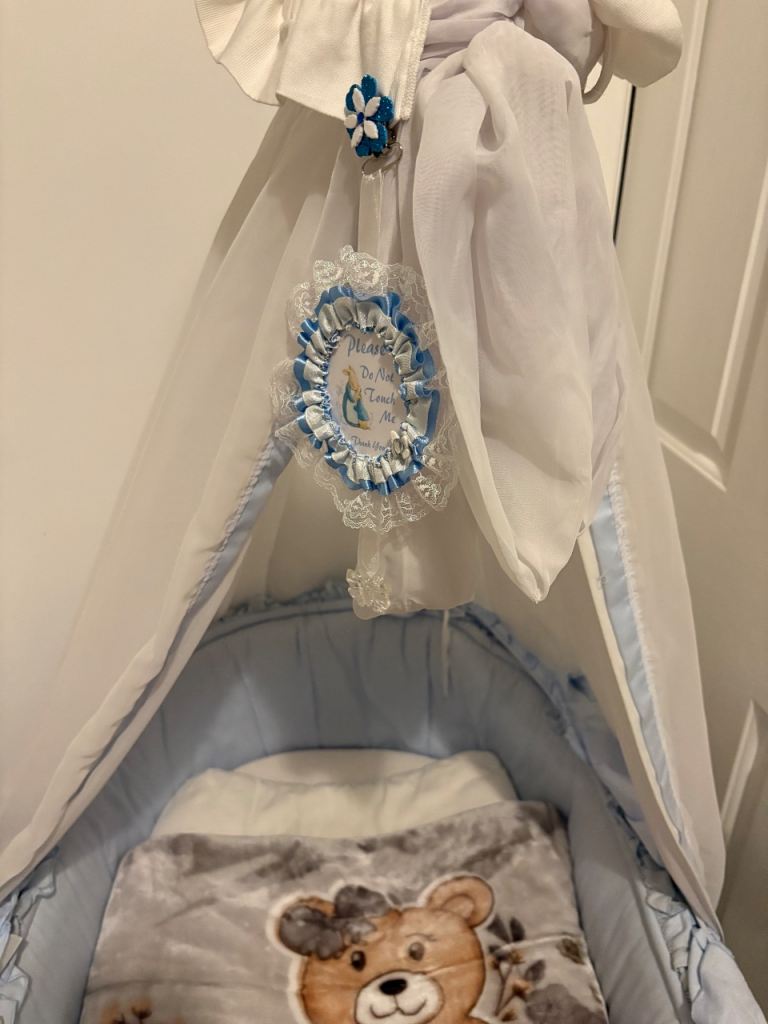 Lovely Blue and White Moses Basket with Stand