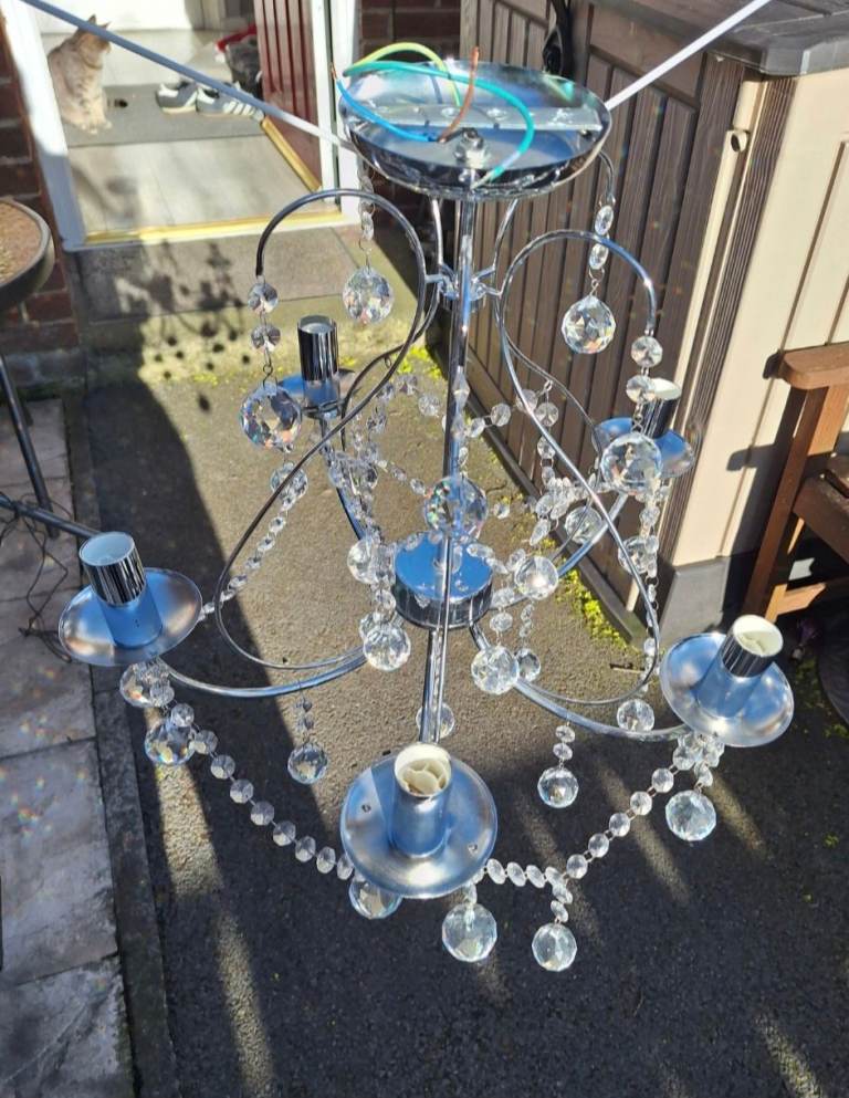 Chrome Chandelier with Crystal Droplets and LED Bulbs