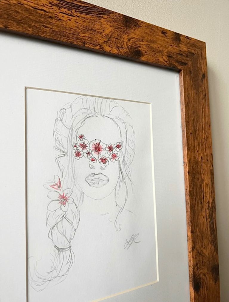 Framed Original Art Pencil Sketch Female Artwork Wall Hanging 