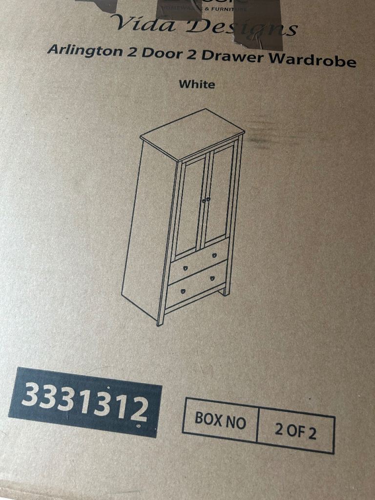 FREE - Vida Designs Arlington 2 Door 2 Drawer Wardrobe – White, NEW