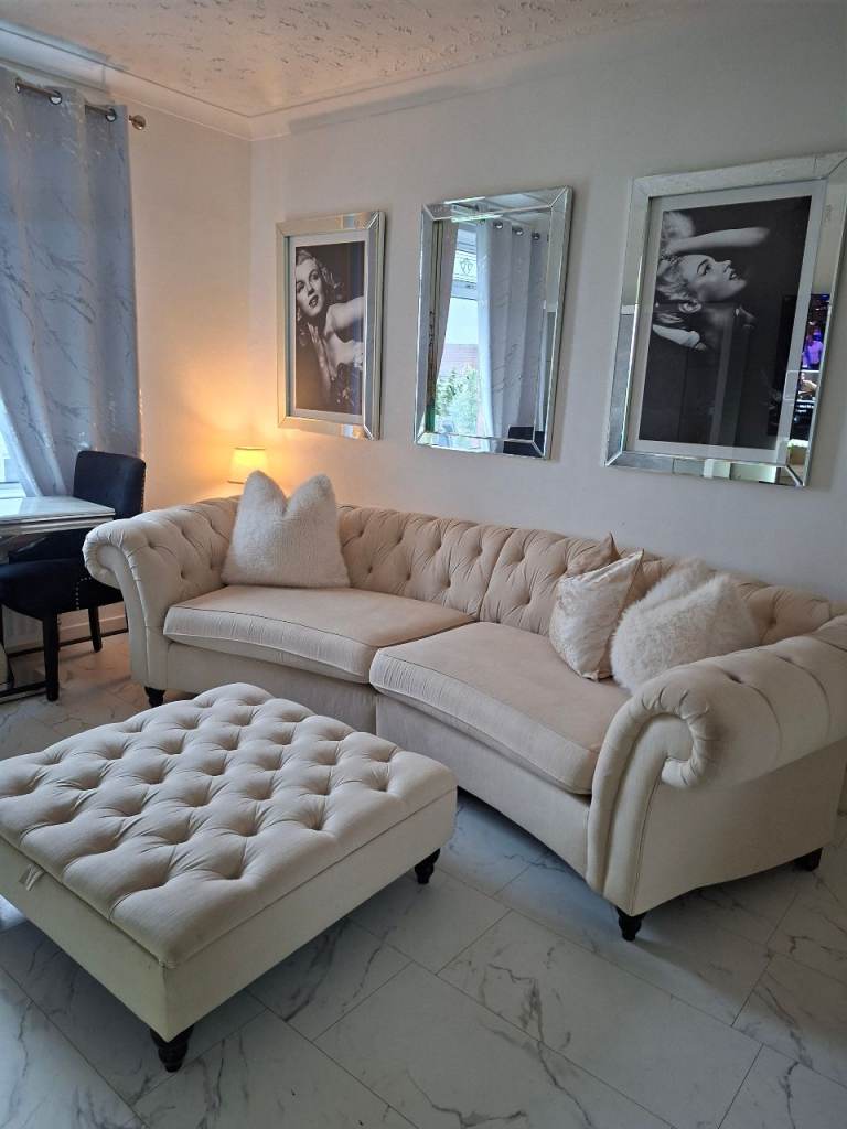 NEXT Chesterfield Ivory / cream curve sofa & footstool with tags 
