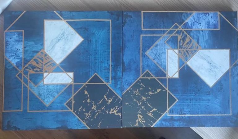 Blue Geometric Canvas Wall Art Prints x2