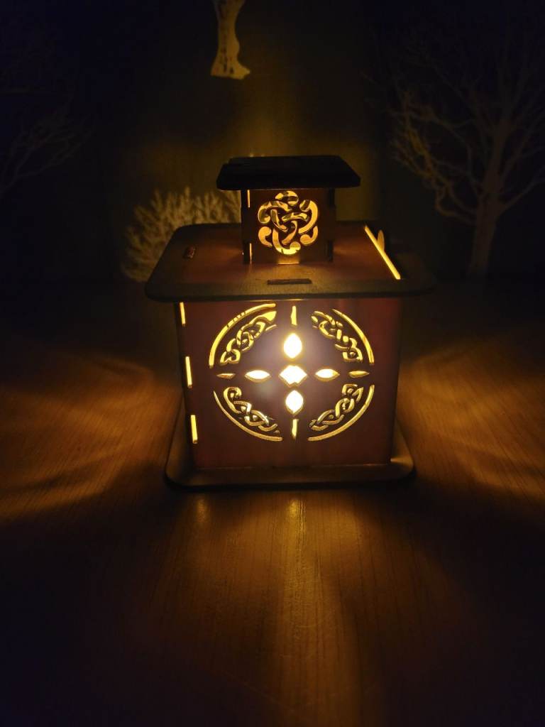 Wooden Decorative Lantern - LED Light, Celtic Design
