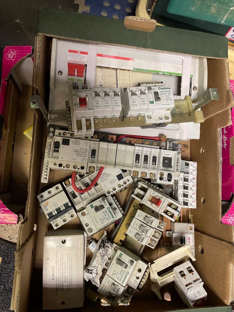 Box of Mixed Circuit Breakers and Fuses - Electrician Spares