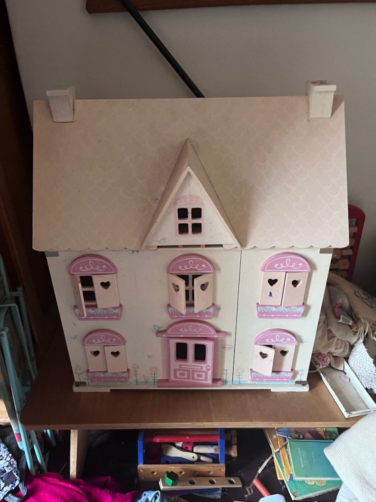 Wooden Dolls House – Pink and White, Good Condition