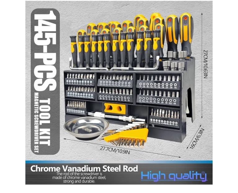 145-piece Magnetic Screwdrivers Set with Plastic Racking, Precision Screwdrivers, Magnetizer