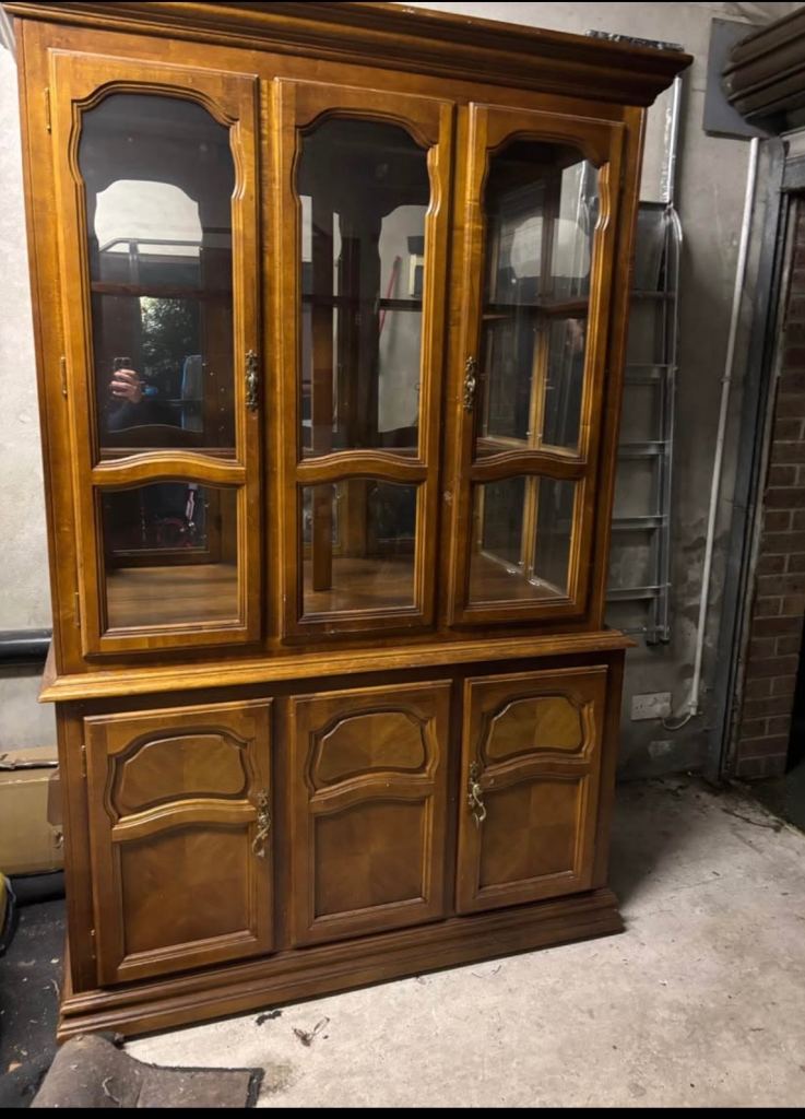 Vintage wooden 3-door glass display cabinet/dresser