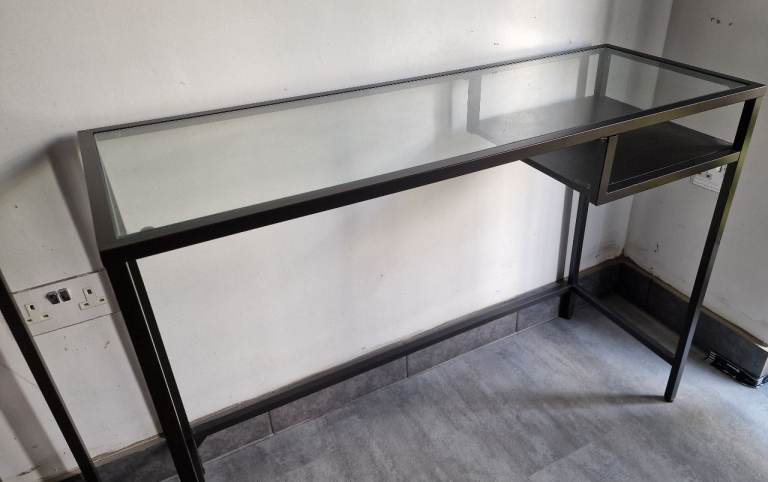 IKEA VITTSJÖ Laptop table, desk, vanity, console, black metal /glass top wooden shelf 100x36 cm