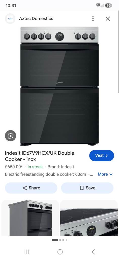 Indesit ID67V9HCX/UK Double Cooker - Inox, Brand NEW