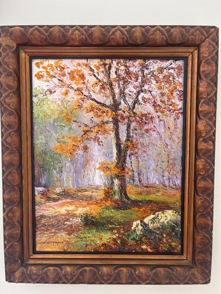 Autumn Forest Landscape Oil Painting in Ornate Wooden Frame