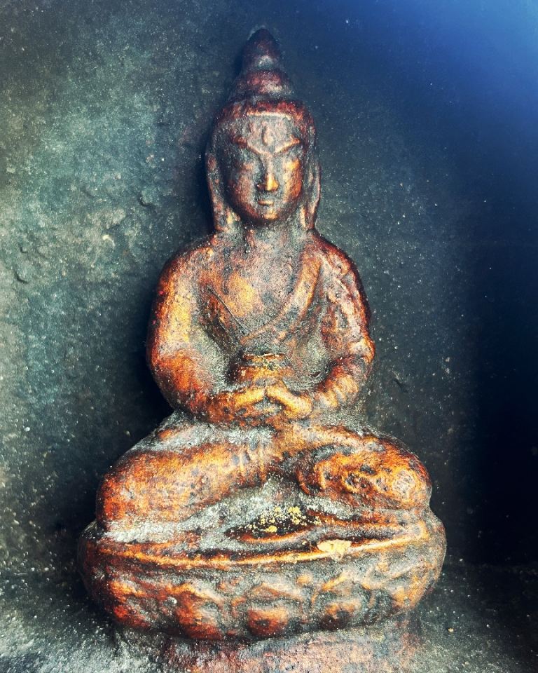 Wooden Buddha Statue in Carved Shrine – Good Condition