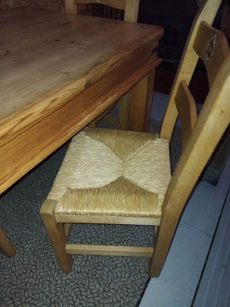 Wooden Dining Table with Four Rush Seat Chairs