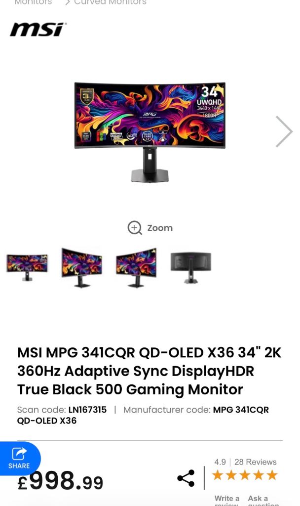 MSI MPG 341CQR QD-OLED X36 34" 2K 360Hz Adaptive Sync DisplayHDR True Black 500 Gaming Monitor