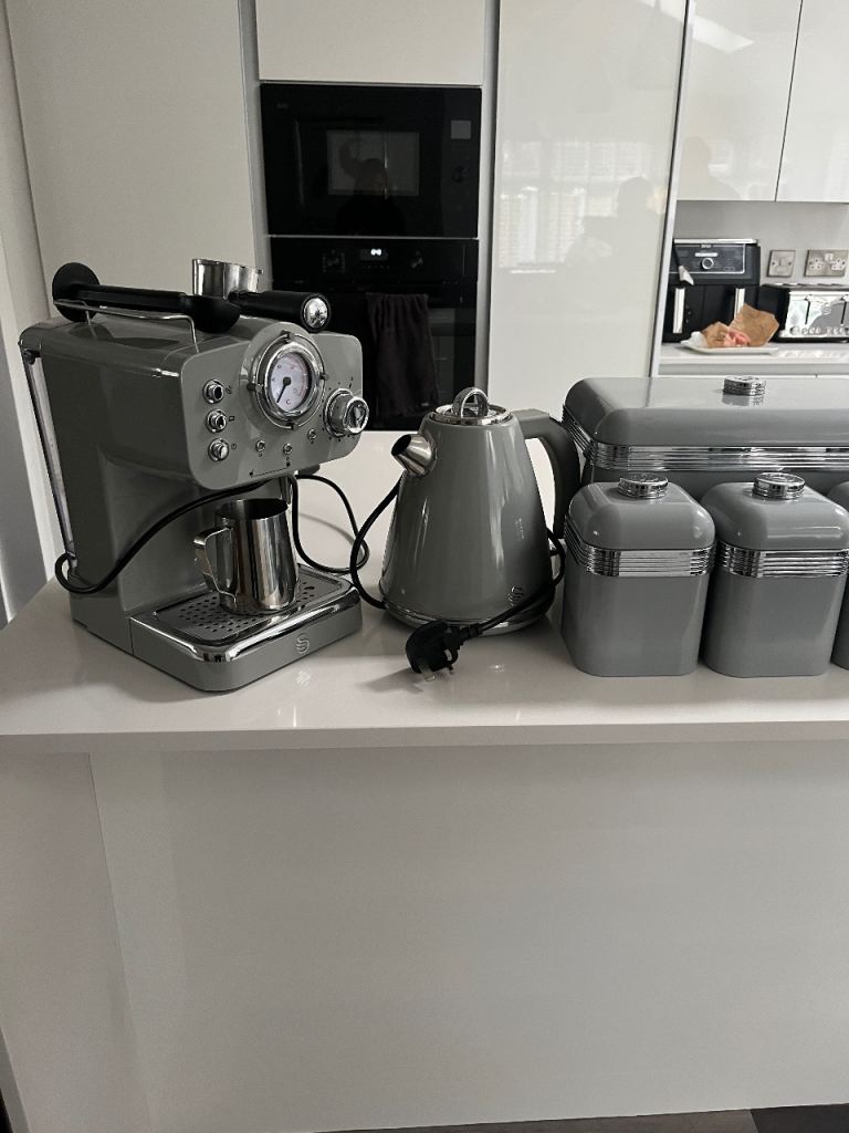 Swan grey retro set kettle , toaster , coffee machine , bread bin , canisters 