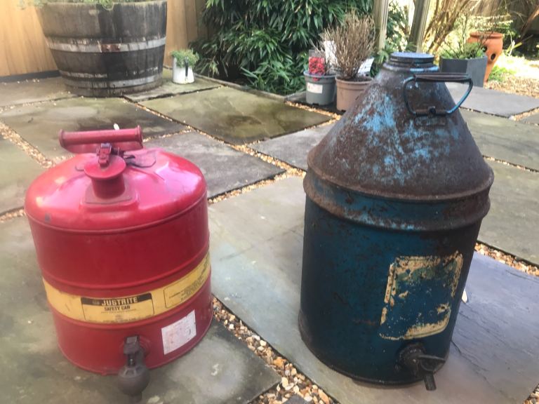 Vintage Blue Oil Drum & Red Justrite Type II Safety Can. Priced Individually.