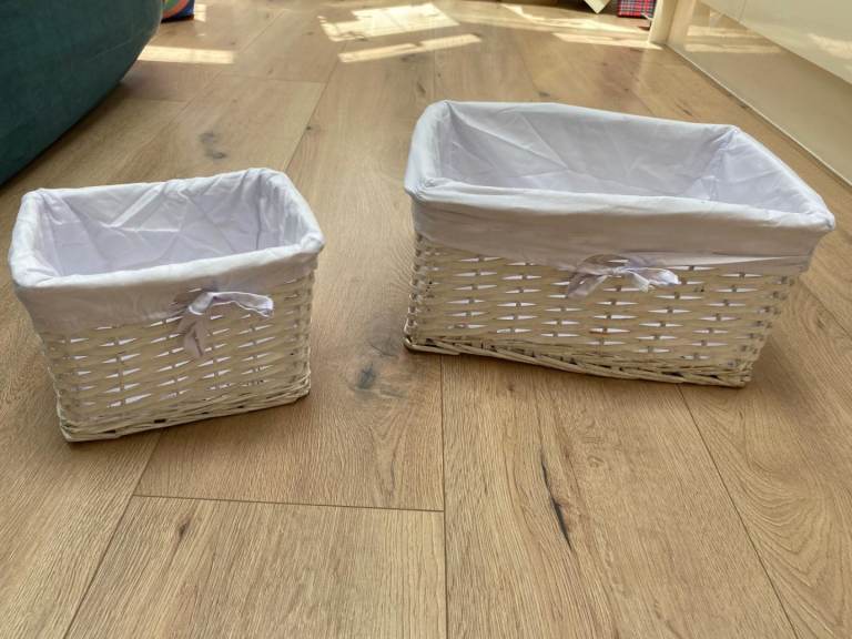 Set of 2 White Baskets, Woven Split Wood Bathroom Storage Baskets, Washable Baskets