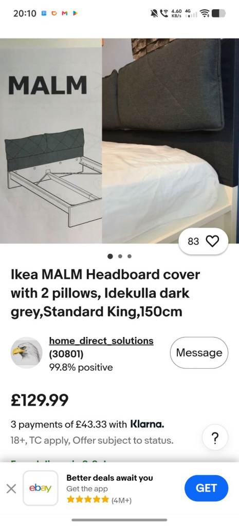 USED - IKEA MALM Idekulla Dark Grey Headboard Cover with 2 Pillows