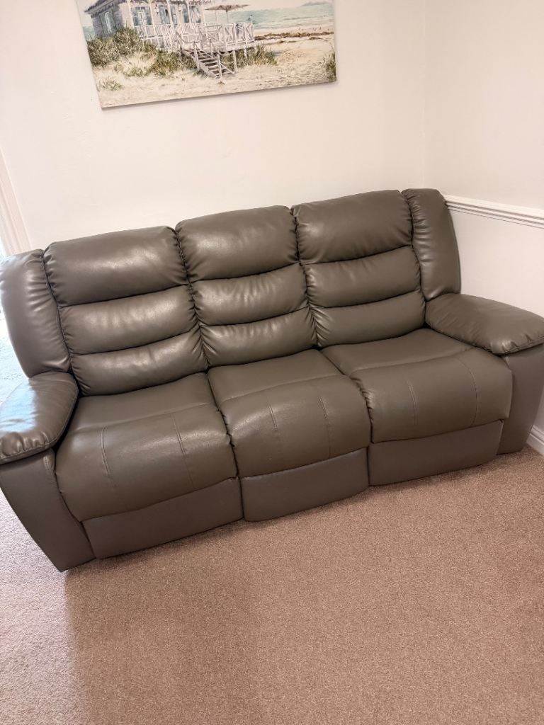 Grey Leather Recliner Sofa – Good Condition